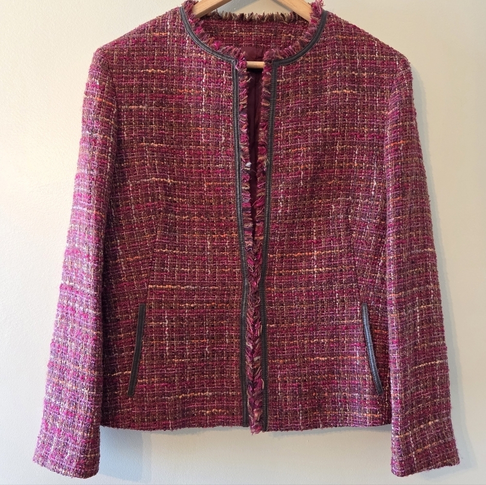 Lafayette 148 Blazer Women's Tweed Wool Collarless Fringe Trim Colorful Size 10 - Picture 2 of 16